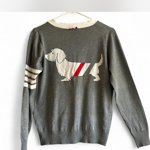Thom Browne Sweaters - Thom Browne Gray Cardigan with Cream Stripes